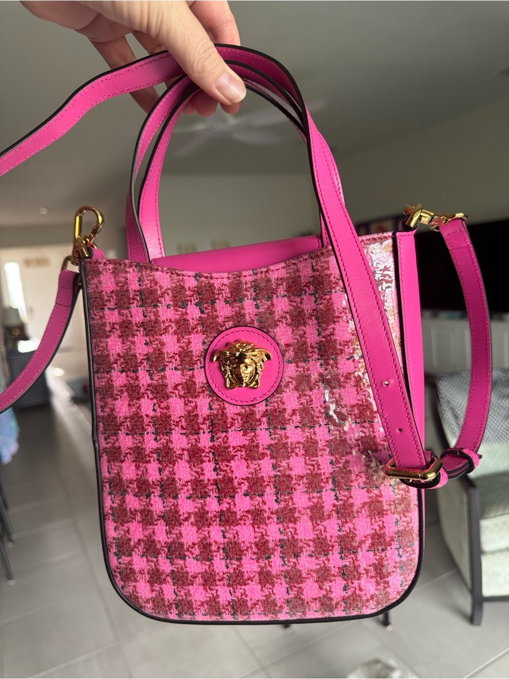 Versace Pink Glossy Tweed and Leather-Trim Two Way Bag with Gold Medusa EEEUC